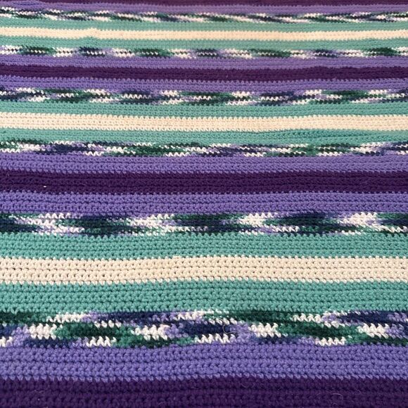 Handmade Afghan Crochet Blanket Teal Purple White 82"x 69" Southwest Aztec Queen - Picture 4 of 7